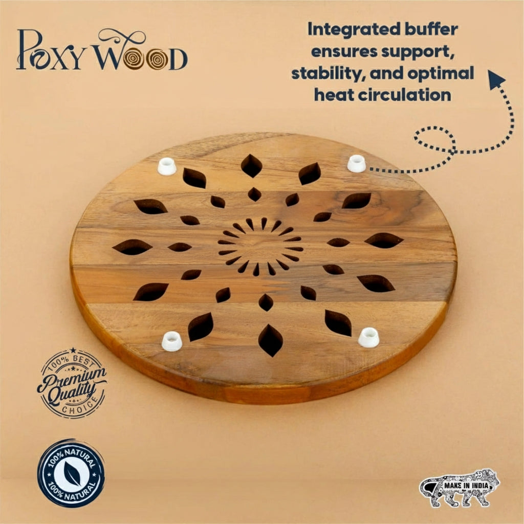 Teak Wood Roti Cooling & Serving Plate In Mandala Pattern