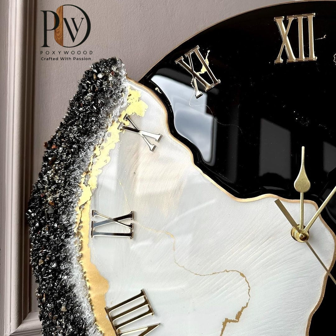 Radiant Midnight Marble Elegant Black and Gold Epoxy Wall Clock