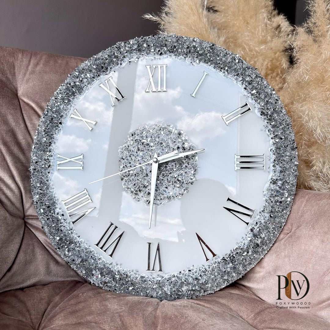 Silver Elegance Epoxy Resin Wall Clock with Roman Numerals