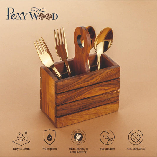 Teak Wood Double Spoon Stand With Holder