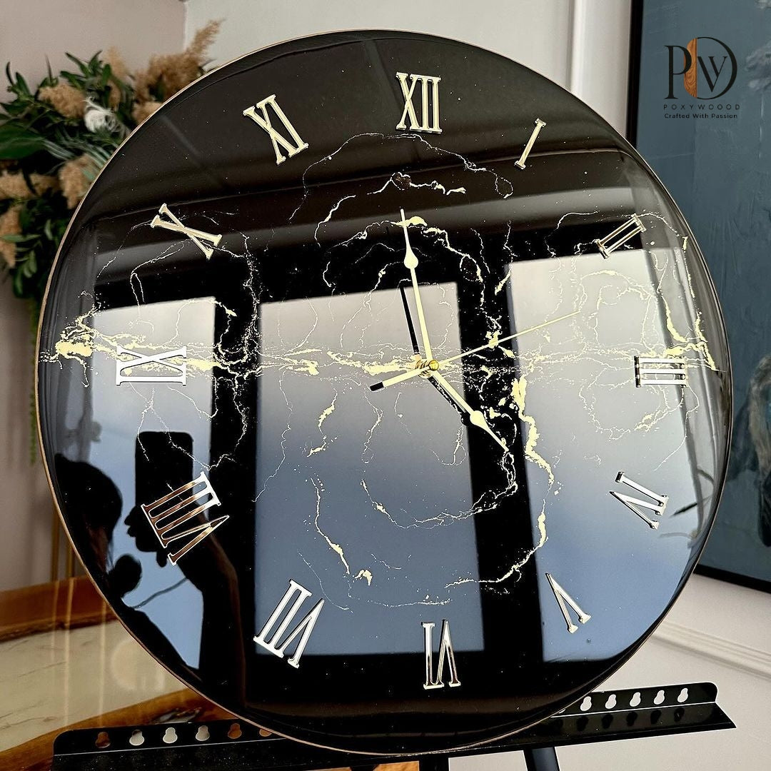 Obsidian Gold Veins Luxury Wall Clock
