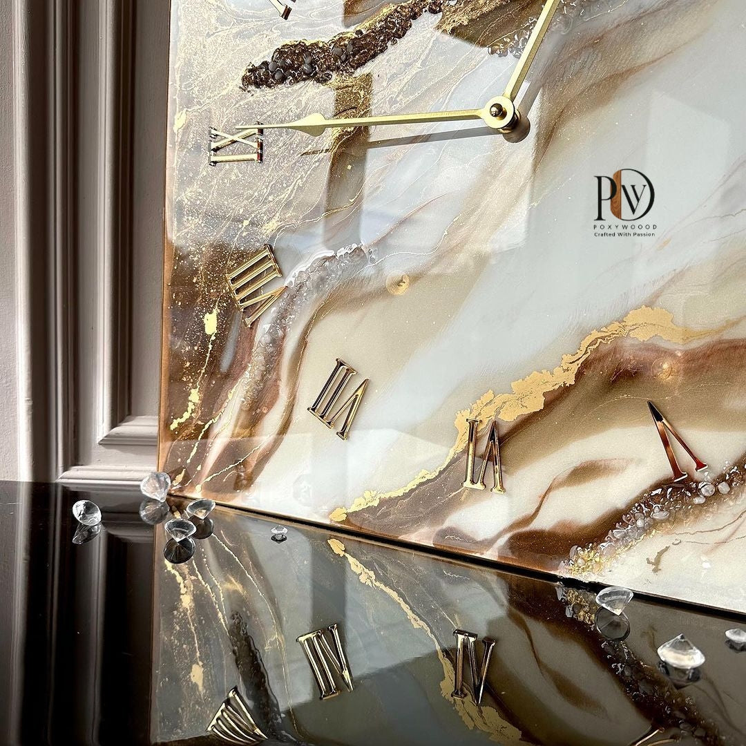 Crystal-Encrusted Resin Wall Clock with Golden Agate
