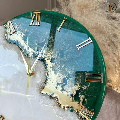 Emerald Tide Elegance Epoxy Resin Wall Clock with Golden Accents