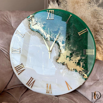 Emerald Tide Elegance Epoxy Resin Wall Clock with Golden Accents