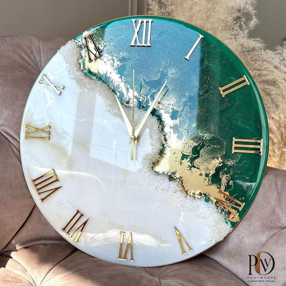 Emerald Tide Elegance Epoxy Resin Wall Clock with Golden Accents