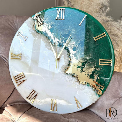 Emerald Tide Elegance Epoxy Resin Wall Clock with Golden Accents