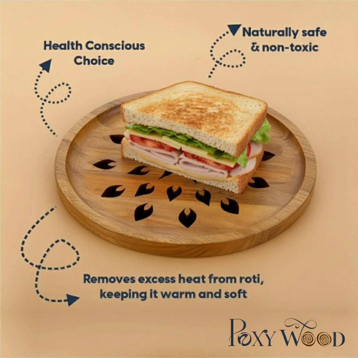 Teak Wood Roti Cooling & Serving Plate In Leaf Pattern