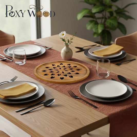 Teak Wood Roti Cooling & Serving Plate In Leaf Pattern